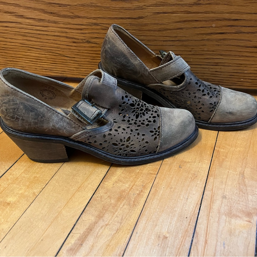 John Fluevog Brown Laser-Cut Leather Mary Jane Heels